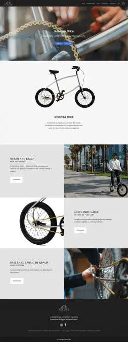 Captura de pantalla de la página de inicio del sitio web de Kekosa, mostrando el diseño, la tipografía y las secciones destacadas sobre las bicicletas urbanas de acero inoxidable.
