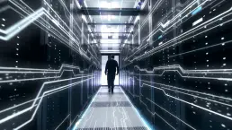 Una persona caminando por el pasillo central de un centro de datos con servidores modernos y líneas de luz digital, representando la transformación digital en el vídeo corporativo de Integral Innovation Experts.